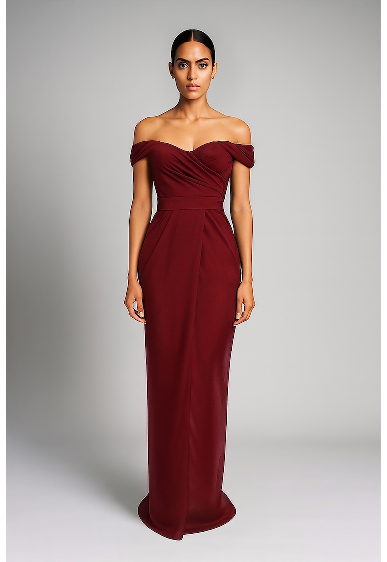 Rochie maxi drapata cu decolteu pe umeri