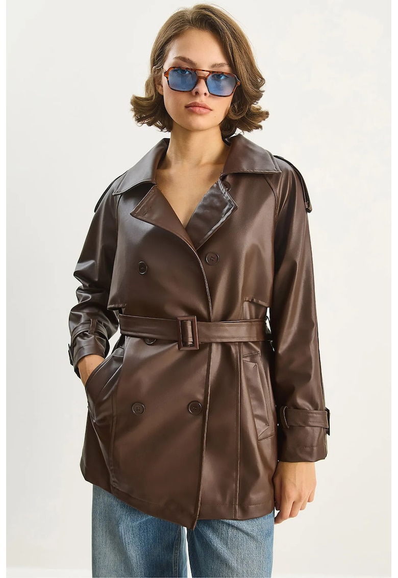Palton dama dublu din imitatie de piele - maro - textil
