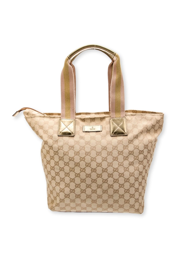 Geanta GG Canvas Tote - bej - 28x44x31cm - design clasic - detalii din piele naturala