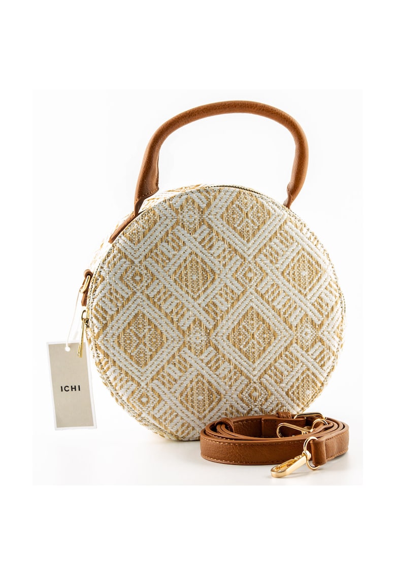 Geanta dama Sativa - rotunda - bej si alb - 21x22cm