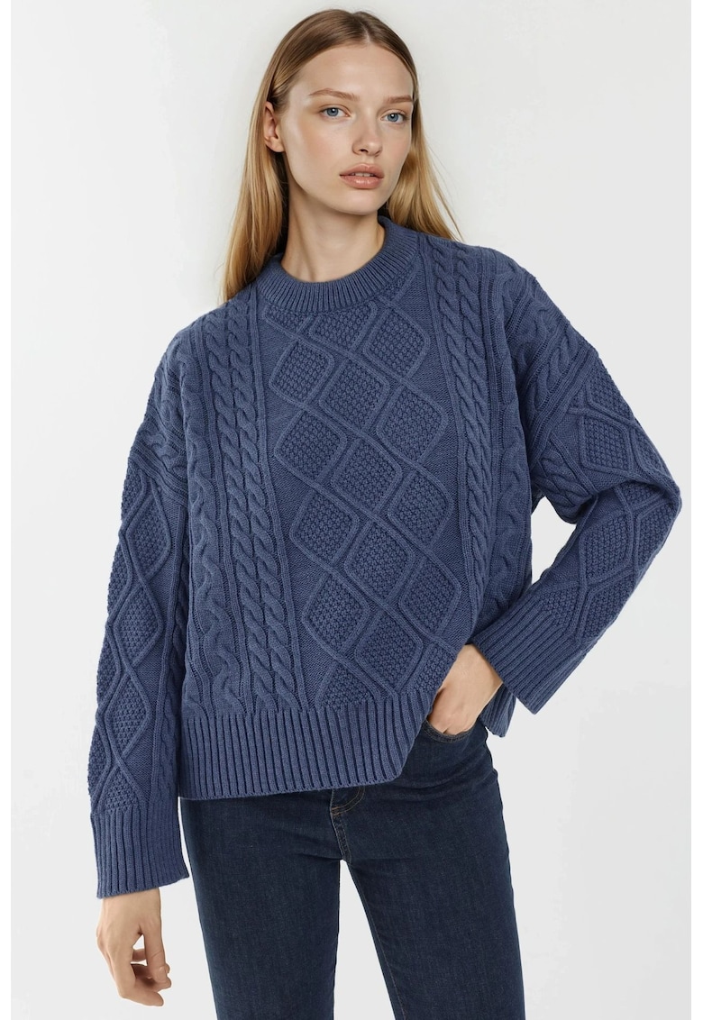 Pulovere - Femei - Pulover cu guler rotund detalii impletite - Bleumarin