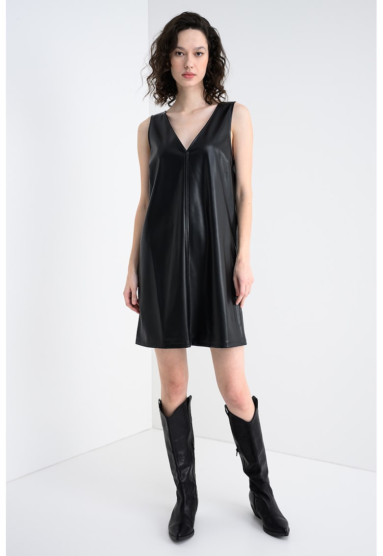 Rochie de piele ecologica cu decolteu in V - Negru