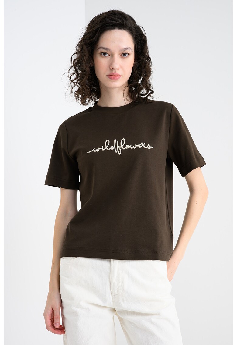 Tricou de bumbac cu imprimeu - Maro inchis/Bej