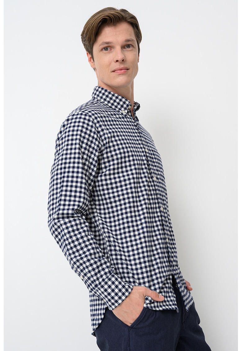 Camasa din bumbac cu model in carouri - Alb/Albastru indigo