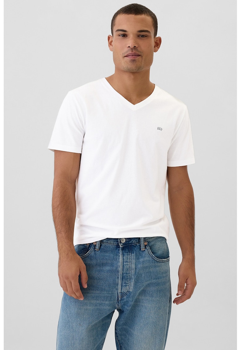 Tricou de bumbac cu decolteu in V - Alb optic