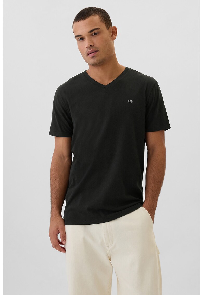 Tricou de bumbac cu decolteu in V - Negru