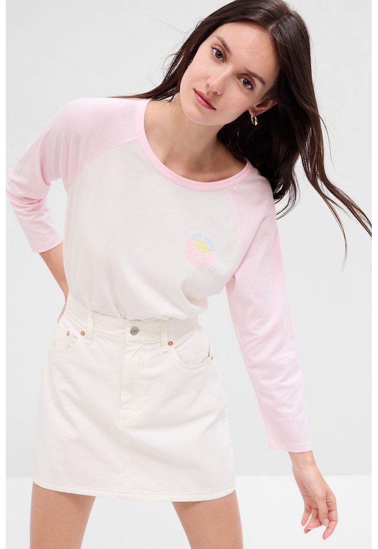 Bluza de bumbac organic cu maneci raglan - Alb/Roz deschis