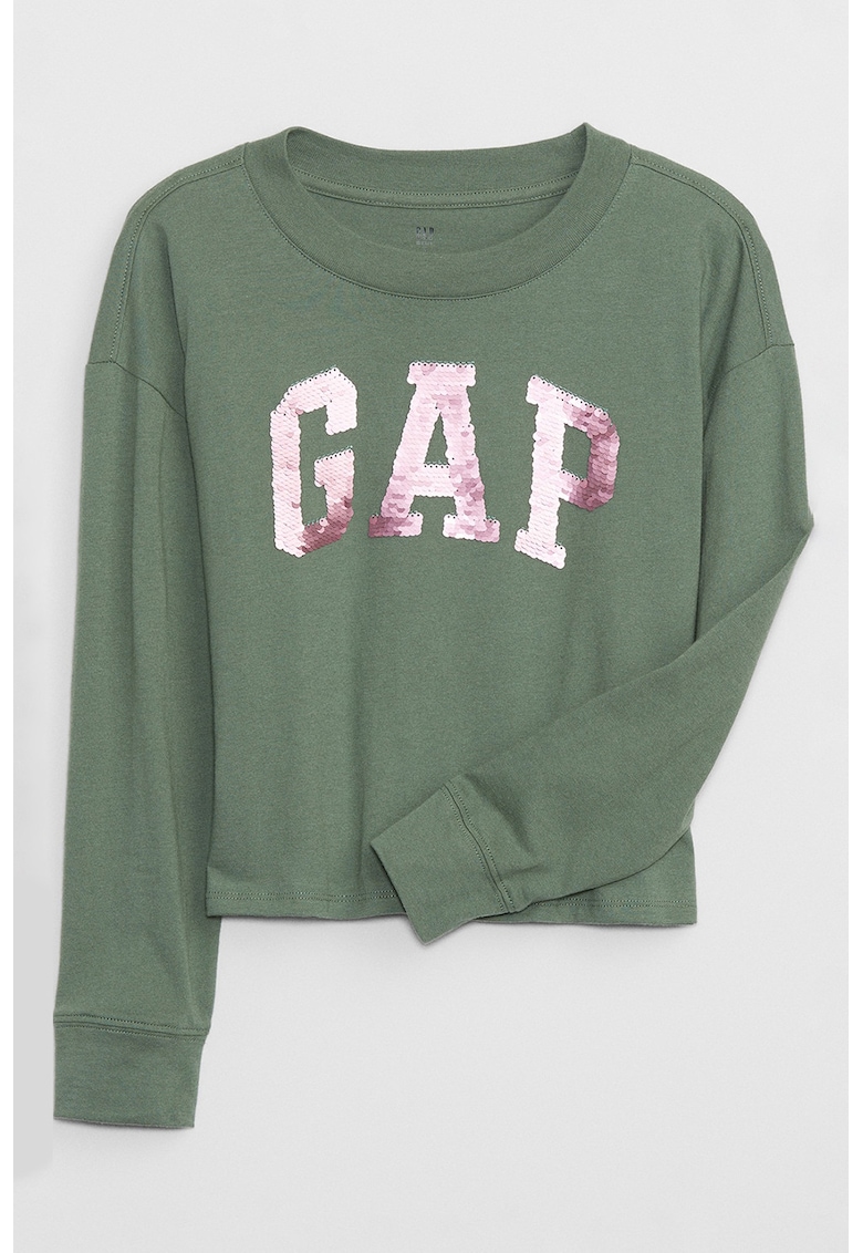 Bluza cu logo si decolteu rotund - Verde aquamarin/Roz prafuit