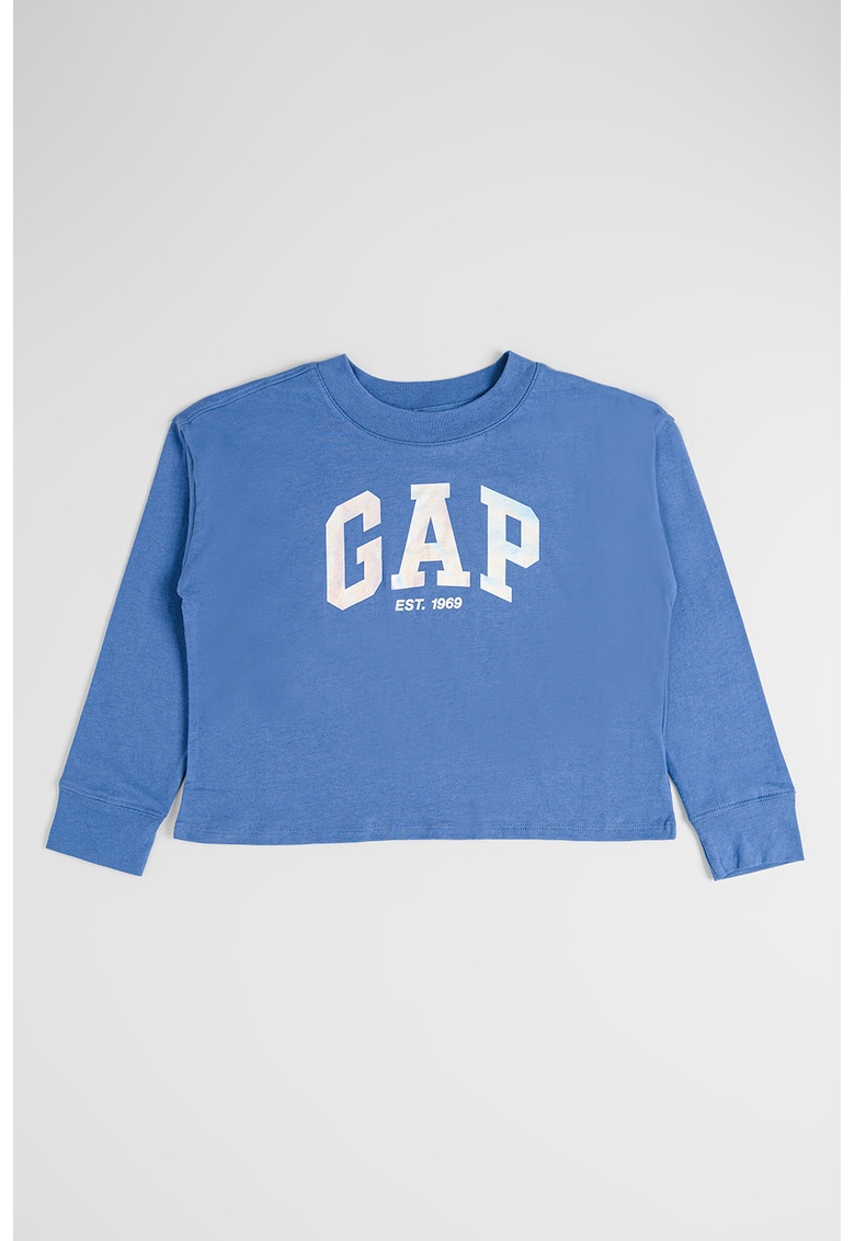 Bluza cu logo si decolteu rotund - Albastru prafuit