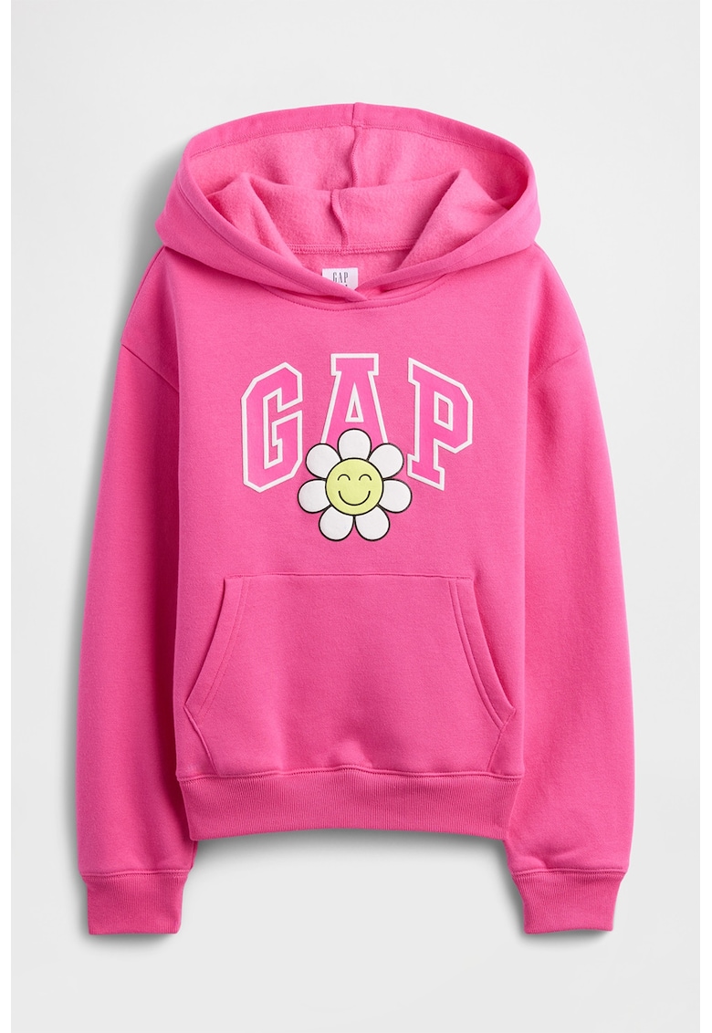 Hanorac cu buzunar kangaroo si logo - Roz pastel/Alb optic