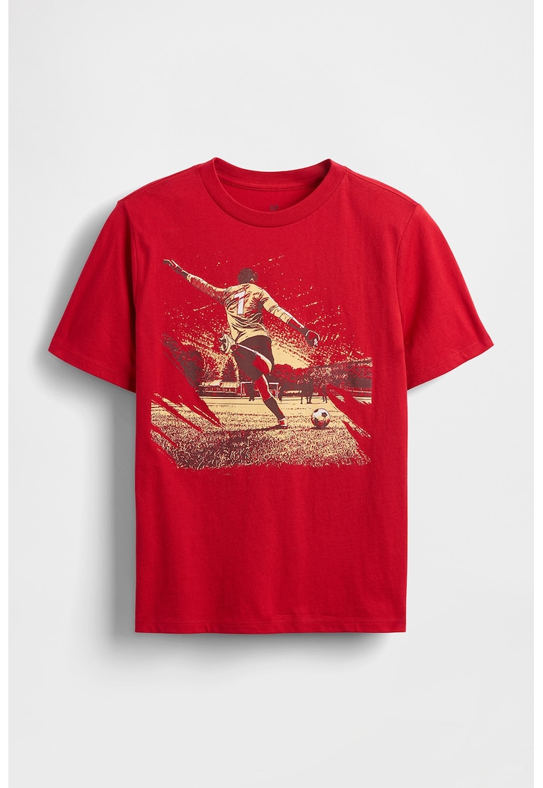 Tricou cu decolteu rotund si imprimeu grafic - Rosu/Galben pal