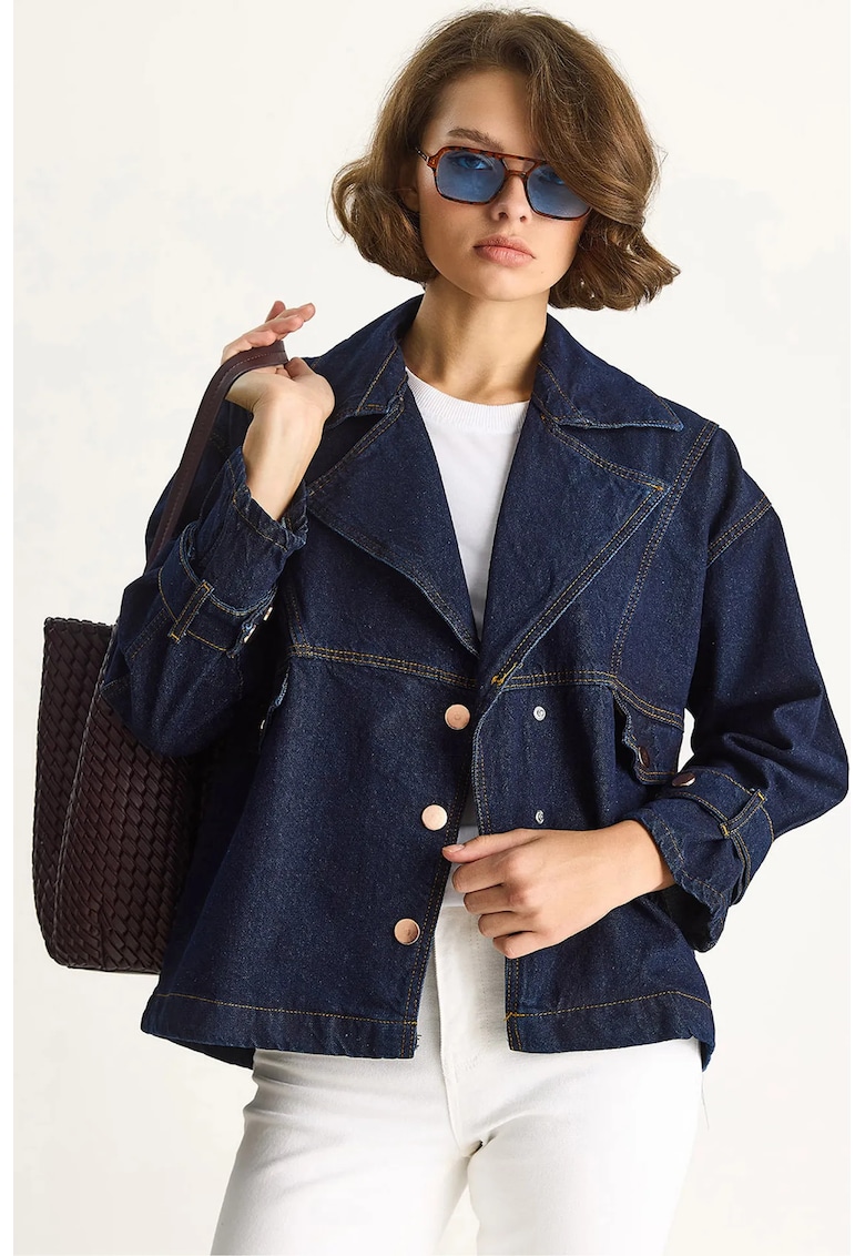 Jacheta denim cu guler si nasturi albastru marin - poliester - pentru femei