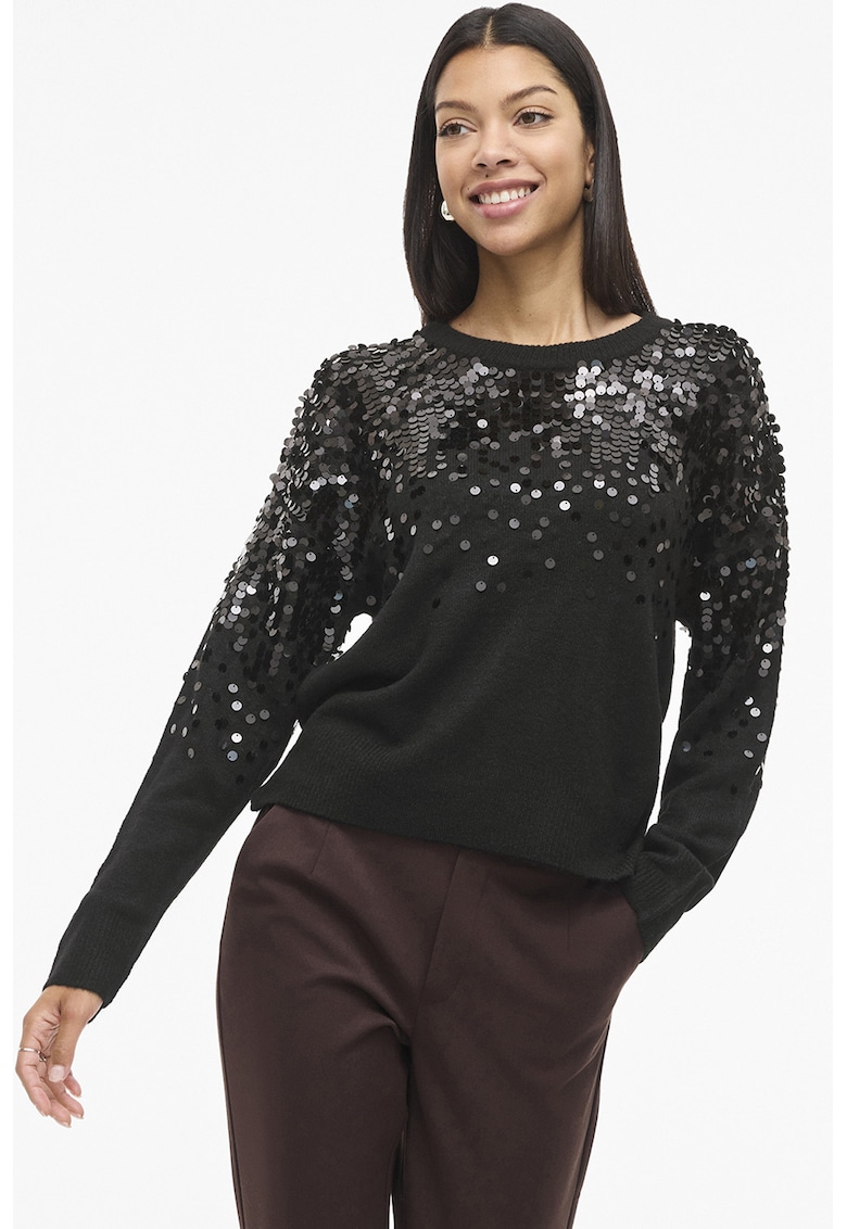 Pulover cu decolteu la baza gatului si paiete - Negru stins/Argintiu
