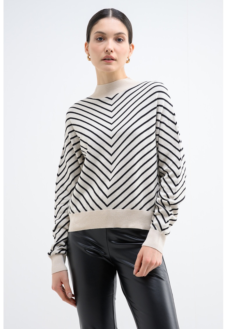 Pulover din amestec de modal cu dungi - Alb fildes/Negru