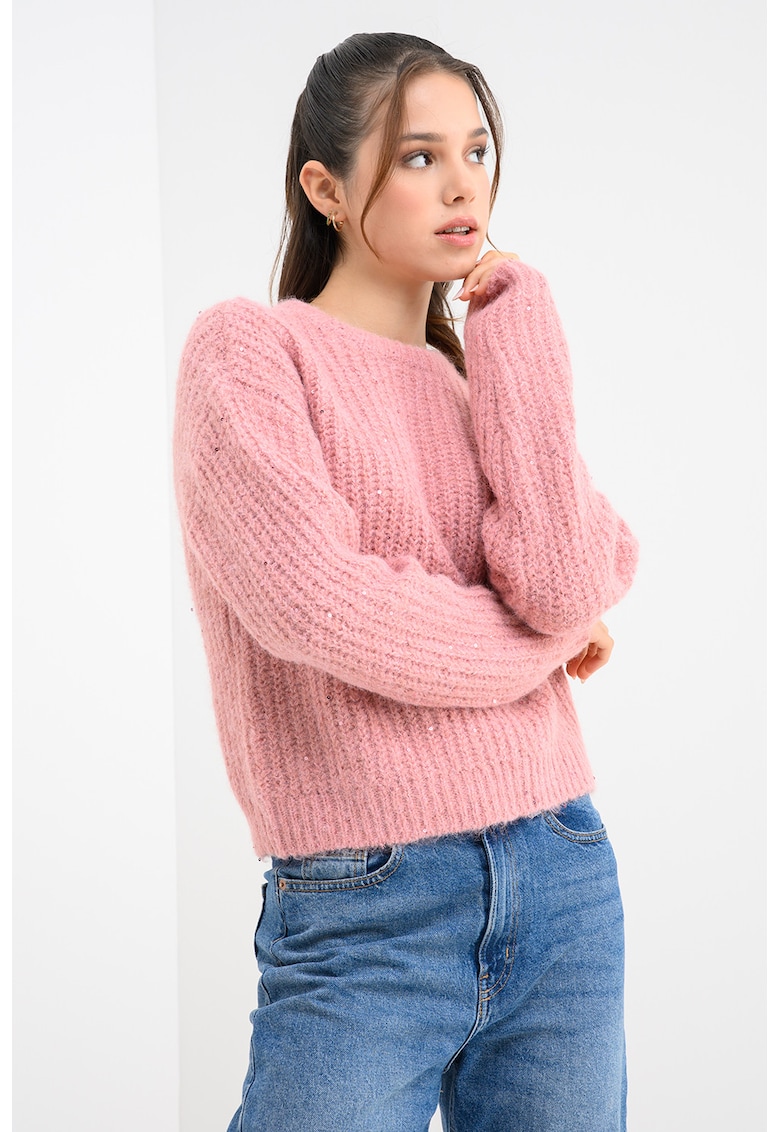 Pulover cu decolteu la baza gatului si maneci cazute - Roz melange
