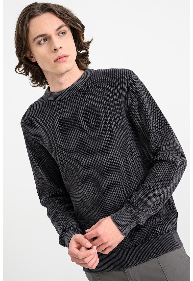 Pulover din bumbac cu decolteu la baza gatului Anaka - Negru melange