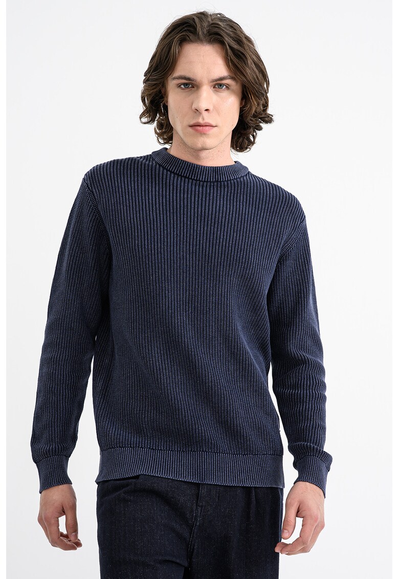 Pulover din bumbac cu decolteu la baza gatului Anaka - Bleumarin