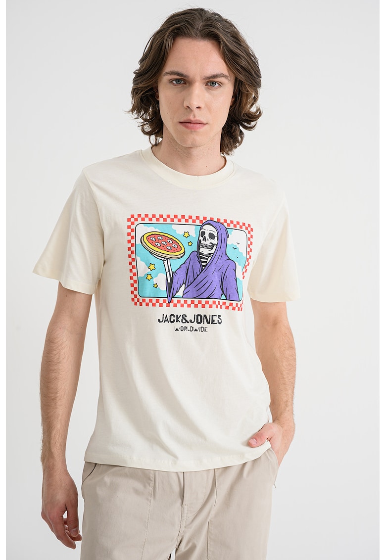 Tricou de bumbac organic cu model cu craniu Holiday - Alb fildes/Turcoaz/Ametist