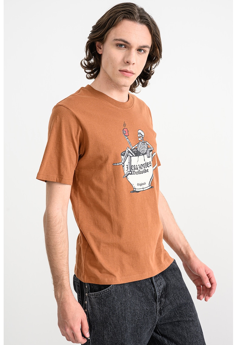 Tricou de bumbac organic cu model cu craniu Holiday - Alb/Negru/Maro scortisoara