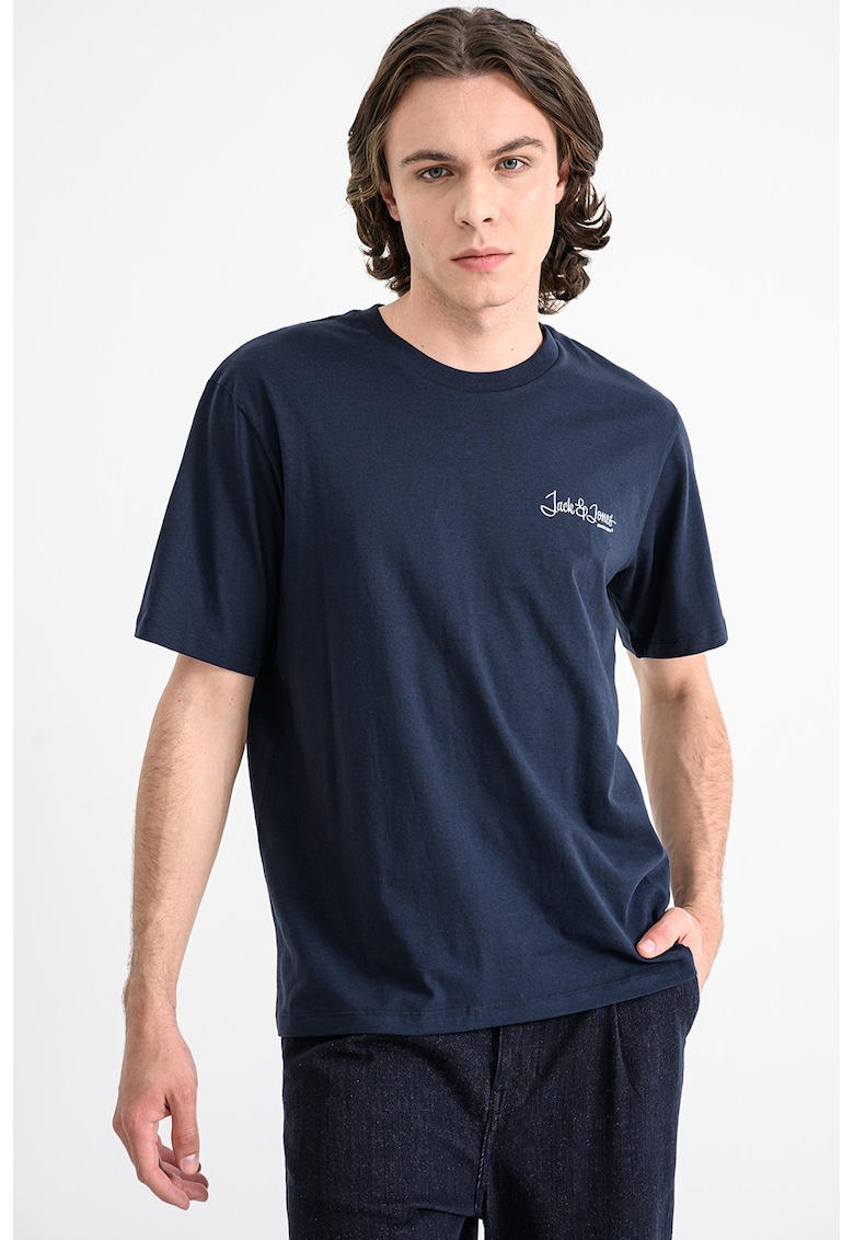 Tricou din bumbac cu decolteu la baza gatului Yuki - Alb/Bleumarin
