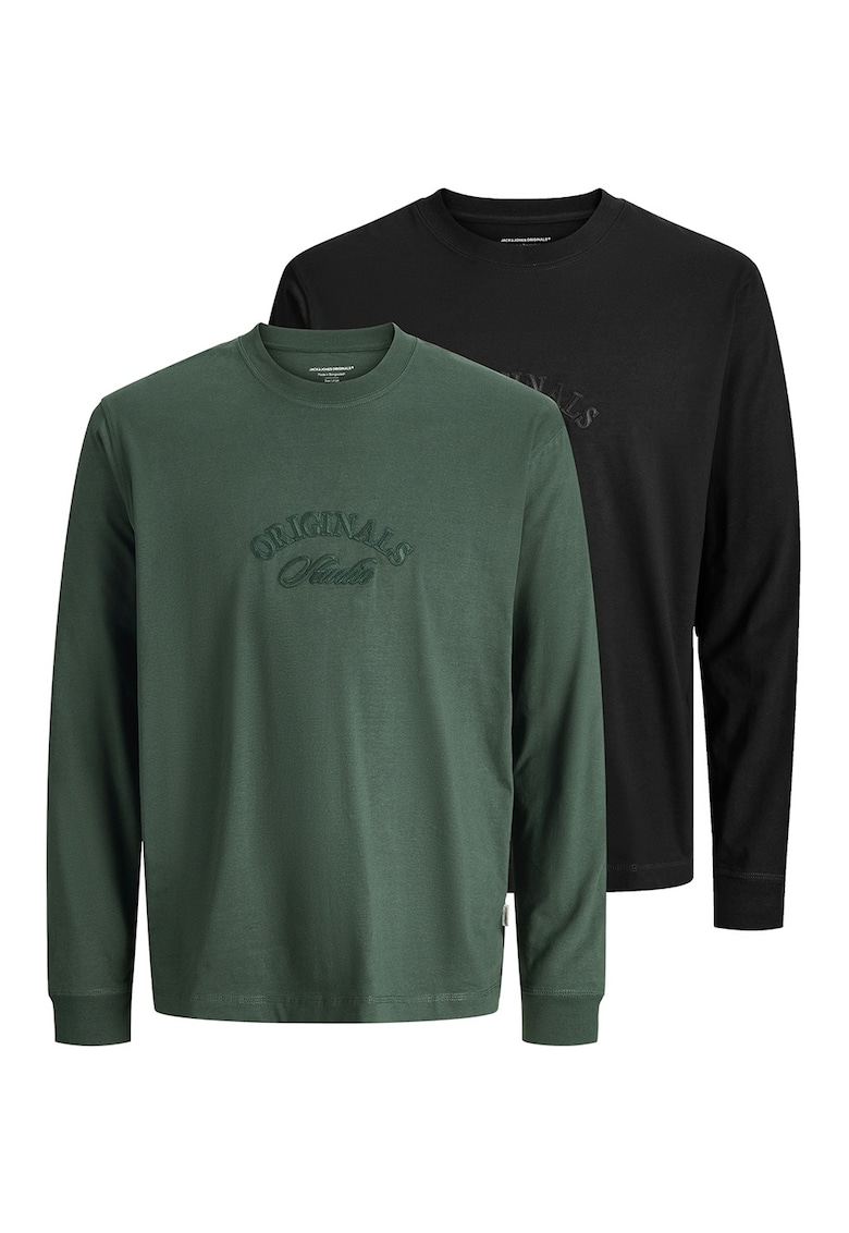 Set de bluze de bumbac cu broderie logo - 2 piese - Verde/Negru
