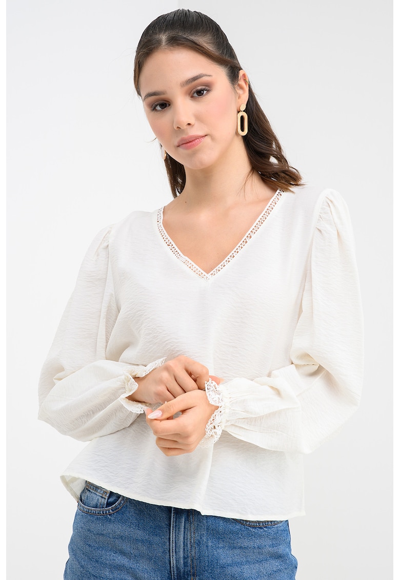 Bluza uni cu decolteu in V - Alb murdar