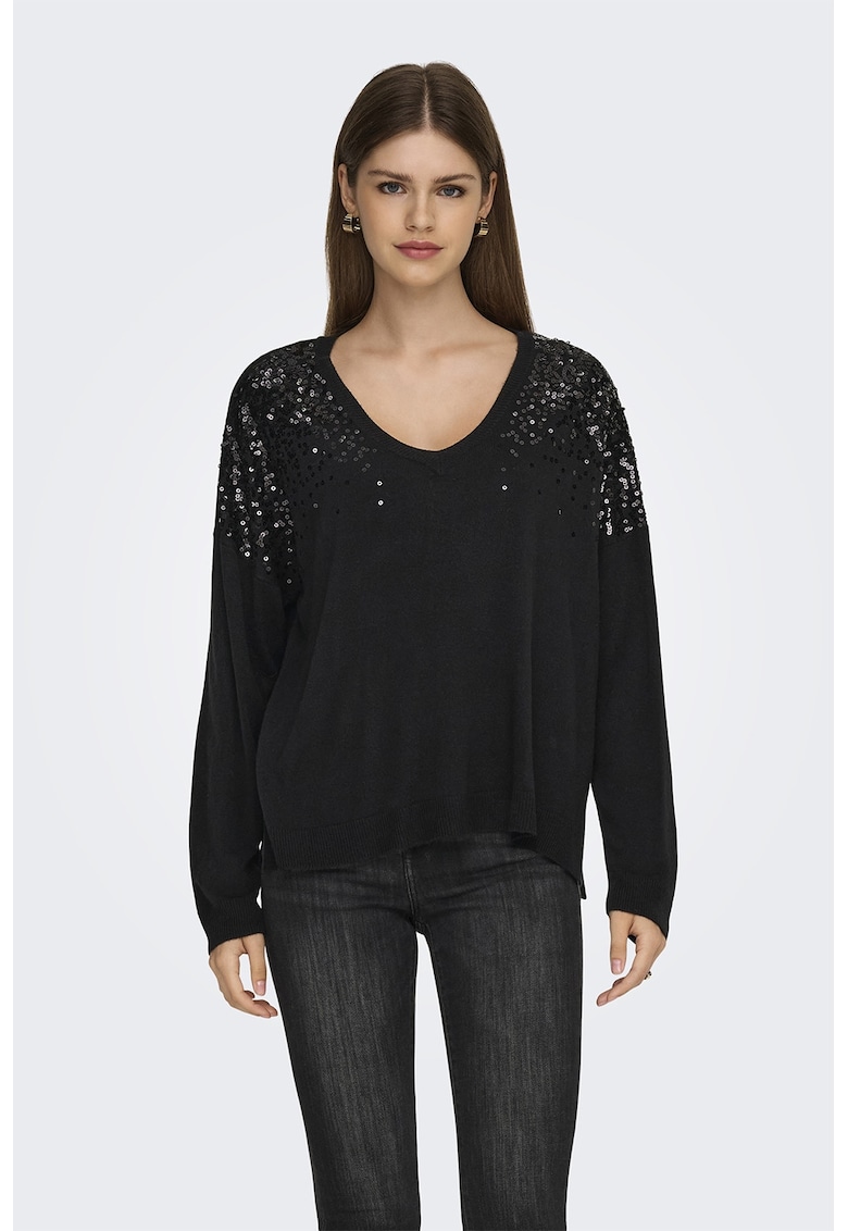 Pulover cu decolteu in V si strasuri