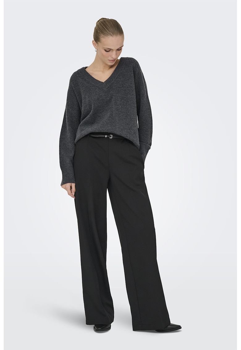 Pulover cu decolteu in V - Gri inchis melange