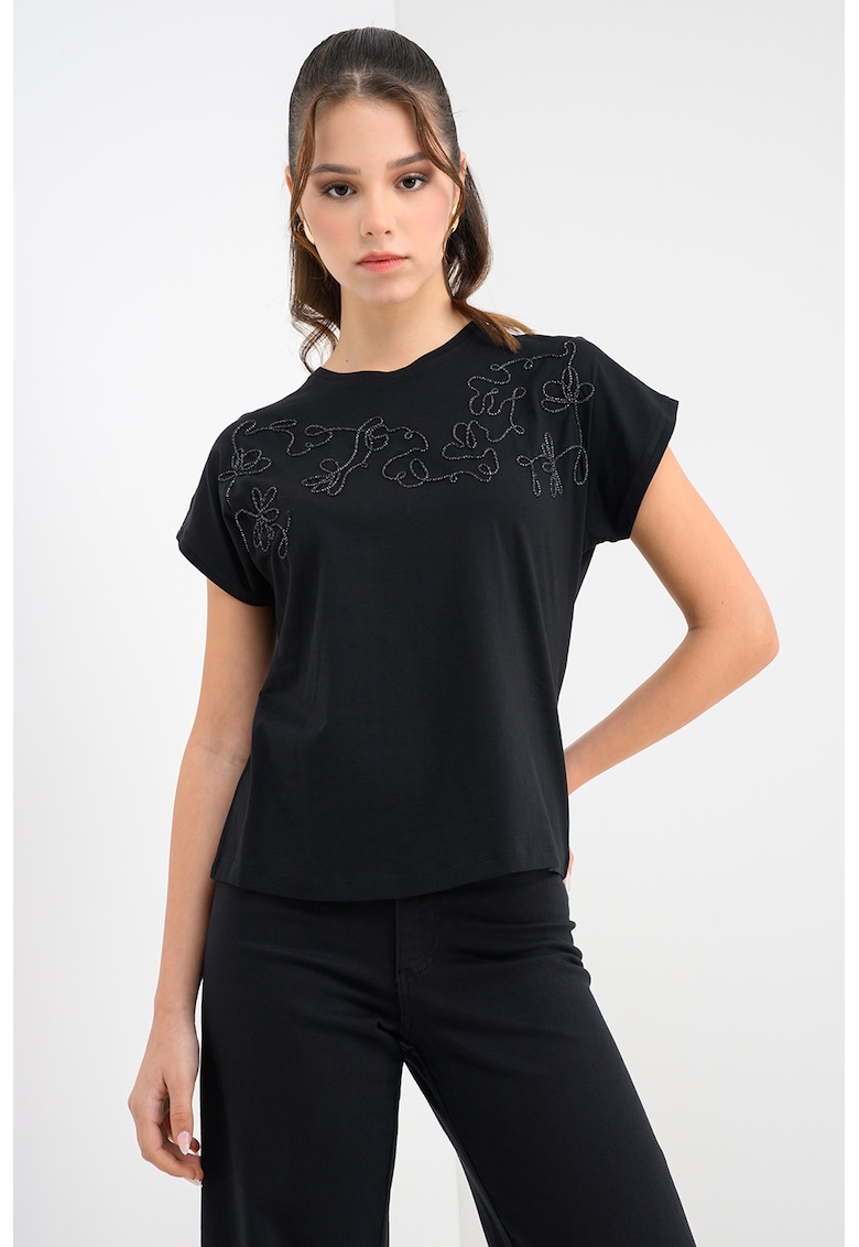 Tricou de bumbac organic cu detaliu brodat - Negru/Argintiu