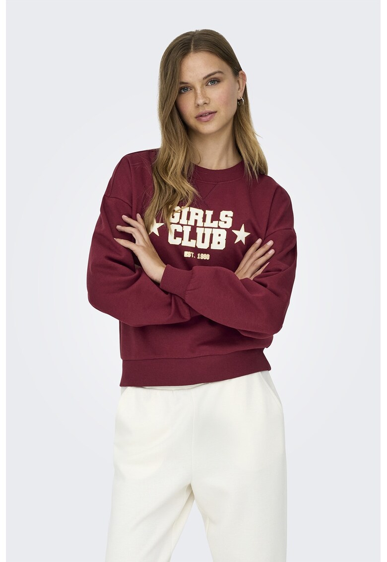 Bluza de trening cu decolteu la baza gatului si imprimeu text - Alb fildes/Rosu inchis