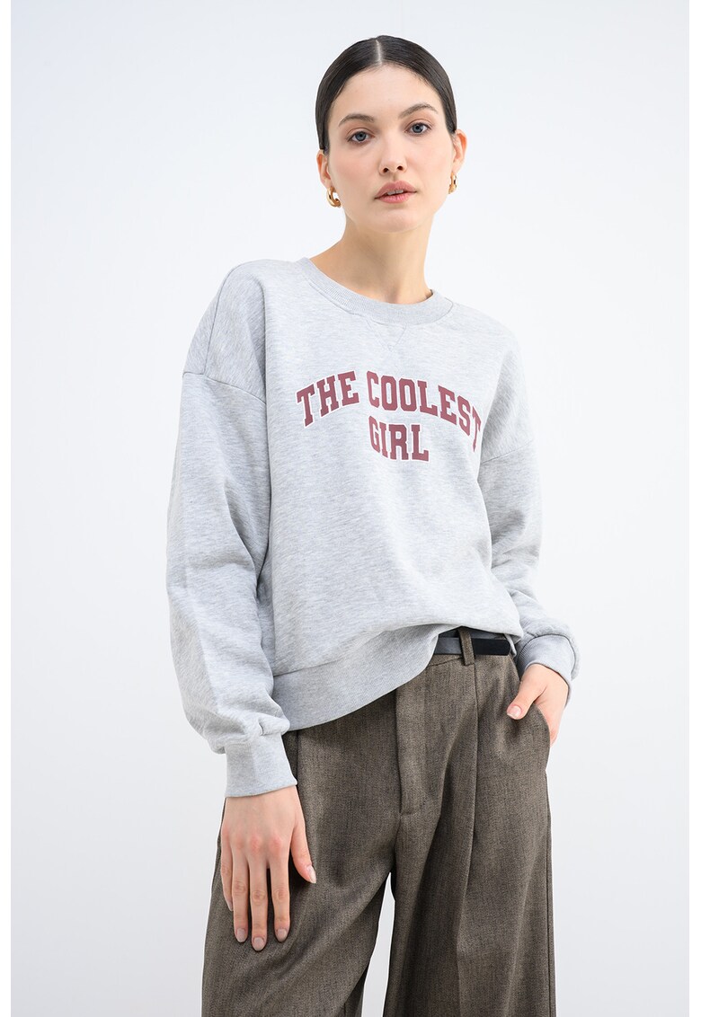 Bluza de trening cu decolteu la baza gatului si imprimeu text - Visiniu/Gri deschis melange
