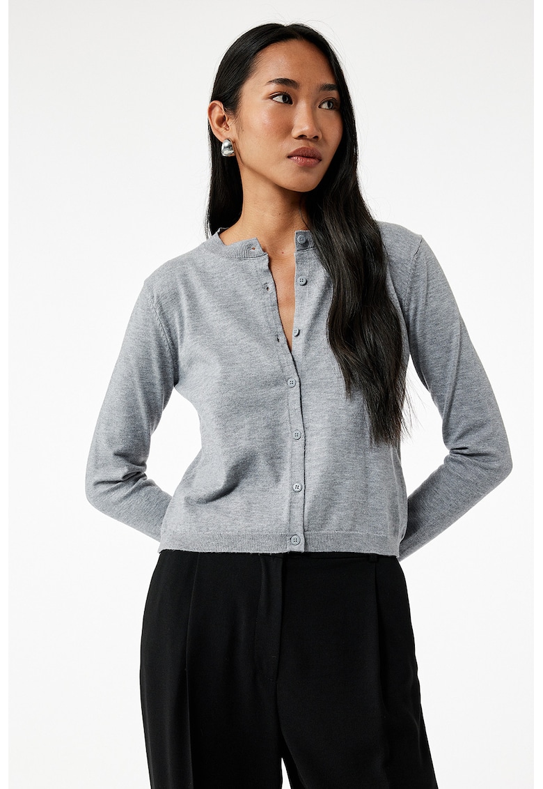 Cardigan uni tricotat - Gri melange