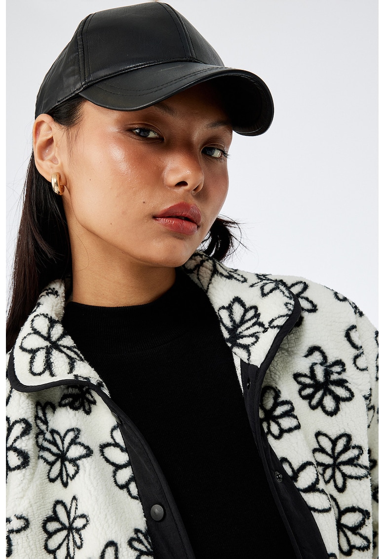 Jacheta din teddy cu model floral - Alb/Negru