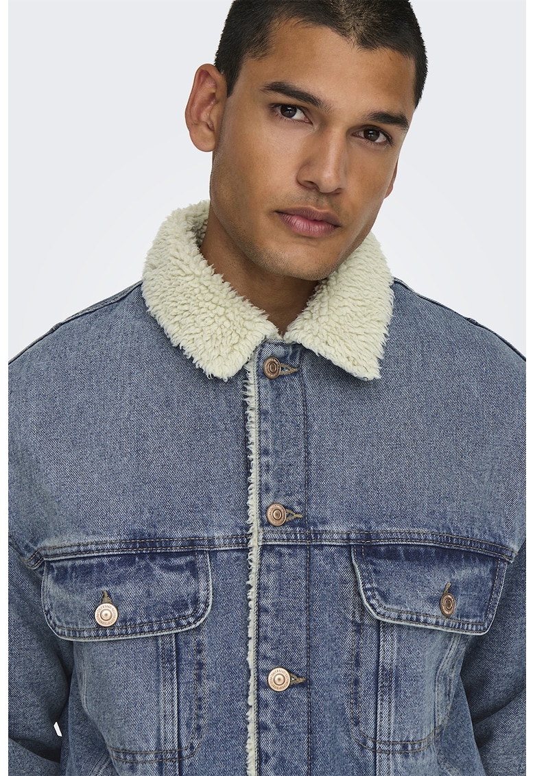 Jacheta din denim cu nasturi - Albastru pastel