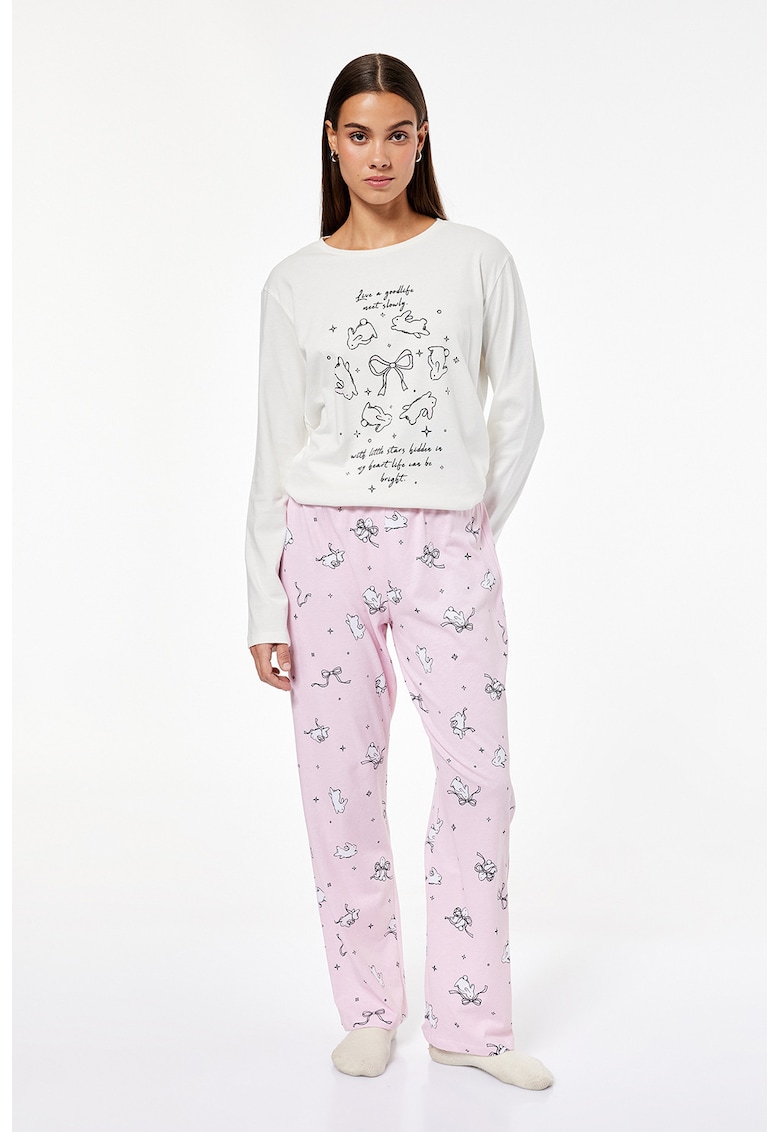 Pijama lunga de bumbac cu imprimeu - Alb/Negru/Roz
