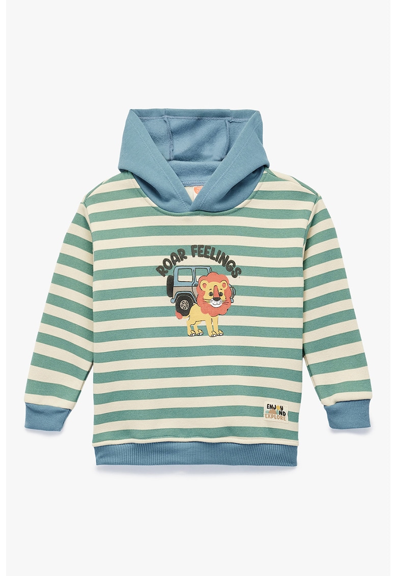 Hanorac cu dungi si mansete striate - Alb fildes/Verde aquamarin