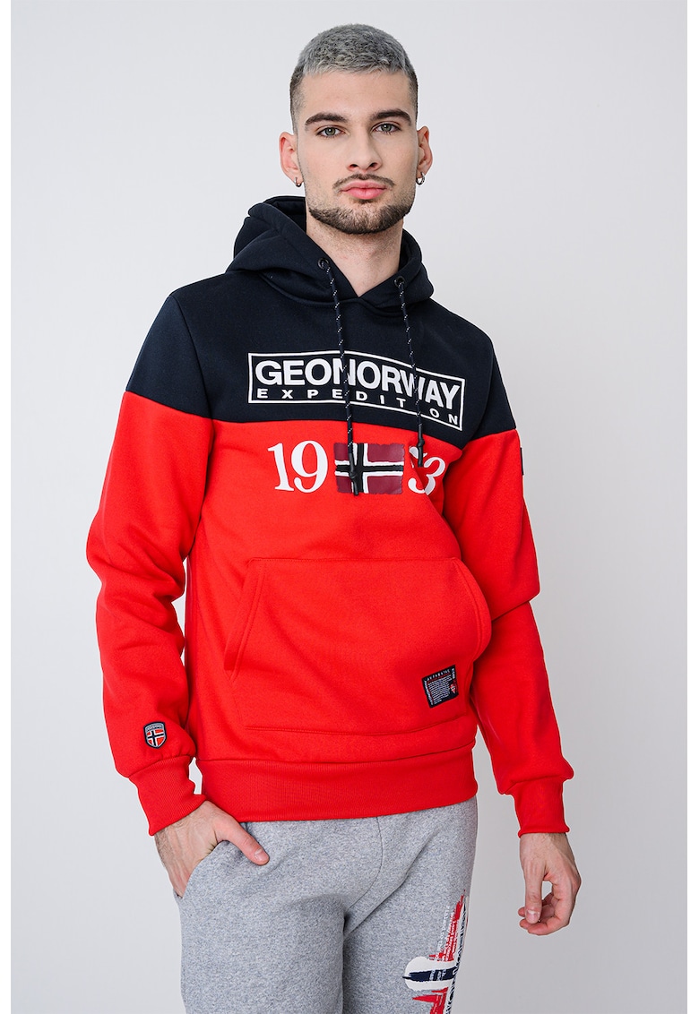 Hanorac cu buzunar kangaroo si imprimeu Greg - Rosu/Albastru ultramarin/Alb optic