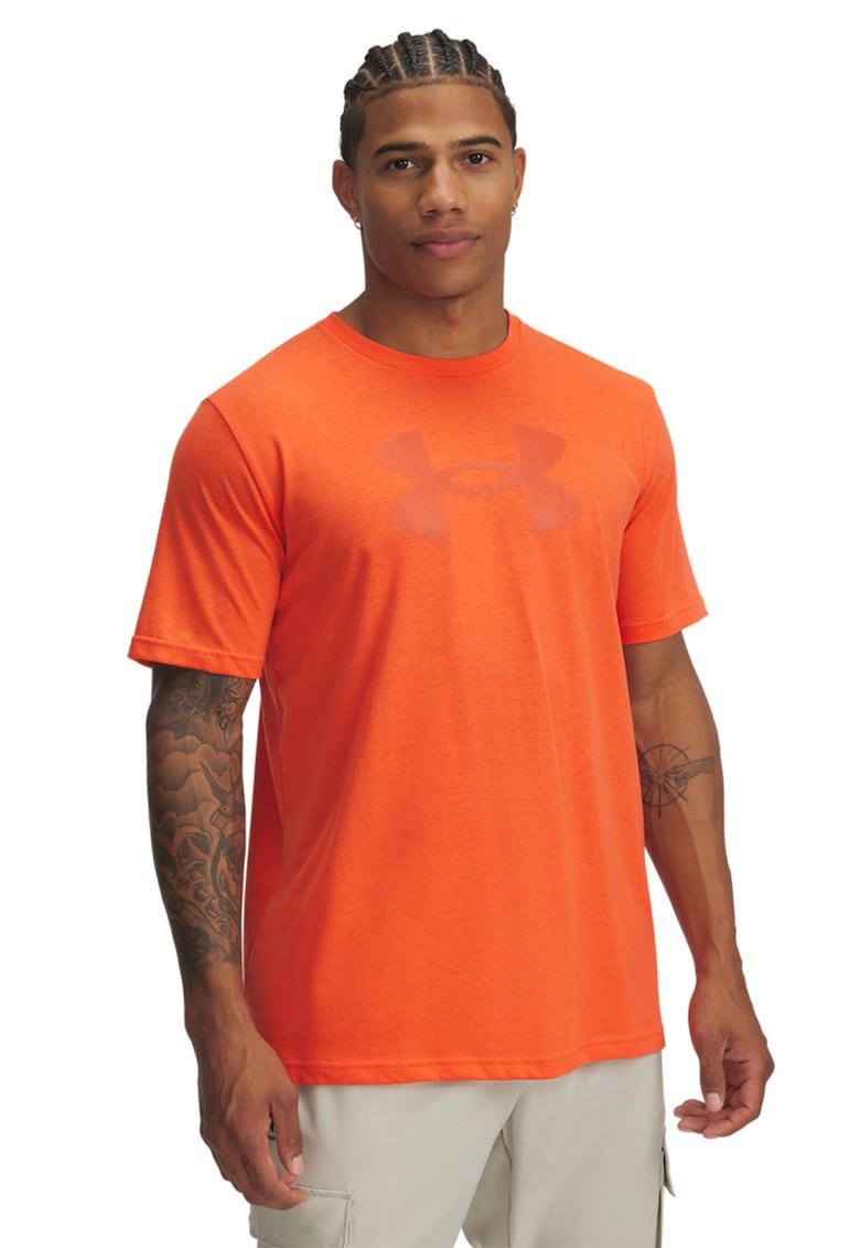 Tricou cu decolteu la baza gatului si imprimeu logo - Portocaliu mandarina