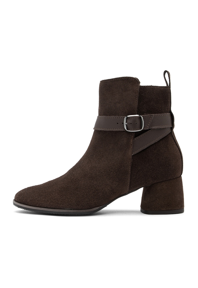 Botine de piele intoarsa cu catarame - Maro inchis