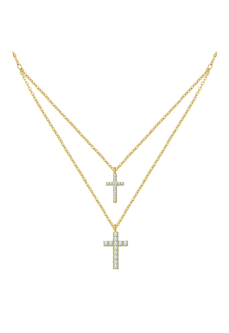 Colier cu mai multe siraguri placat cu aur de 14K si decorat cu pandantive din zirconia in forma de cruce