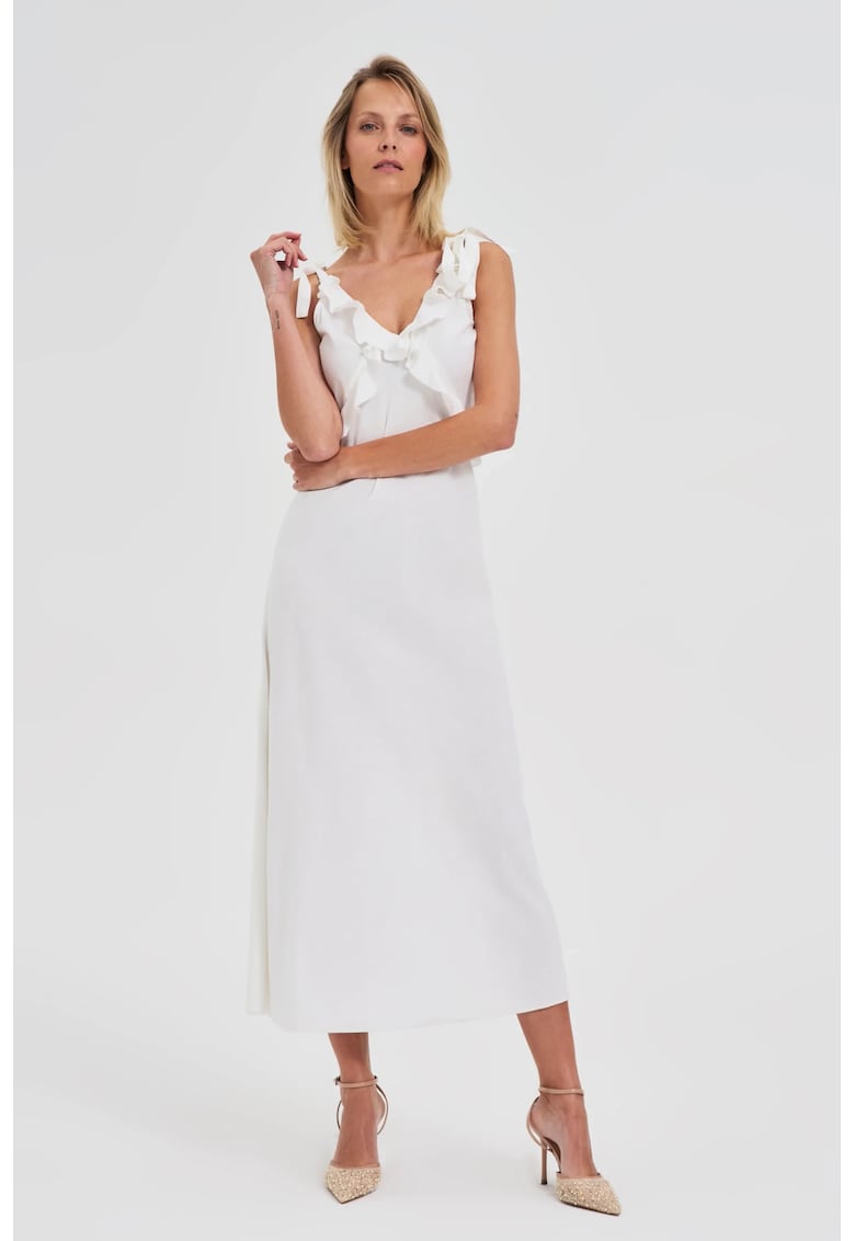 Rochie alba midi cu volanas la decolteu - Alb
