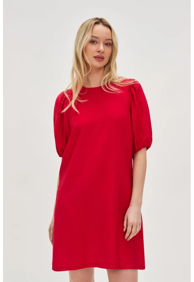 Rochie rosie din viscoza cu maneci bufante - Rosu