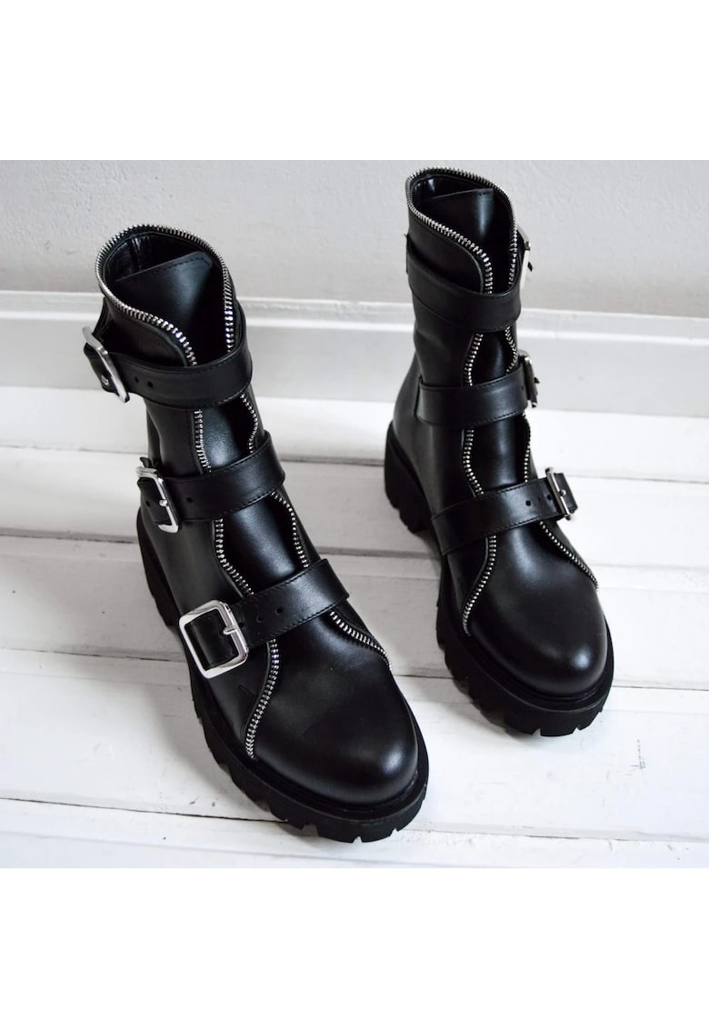 Ghete din piele cu detalii cu catarame Biker