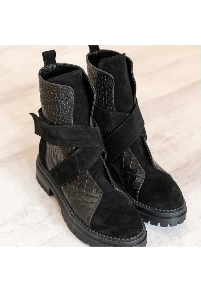Bocanci piele naturala - Bristol - Croco Black - Negru