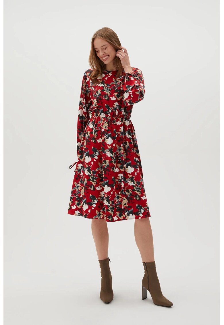 Rochie rosie cu flori si maneci bufante - Negru