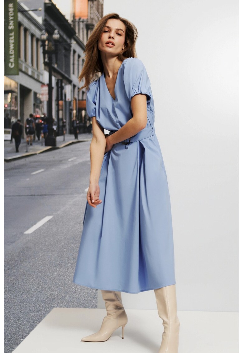Rochie midi cu maneci bufante - albastra - BLUE