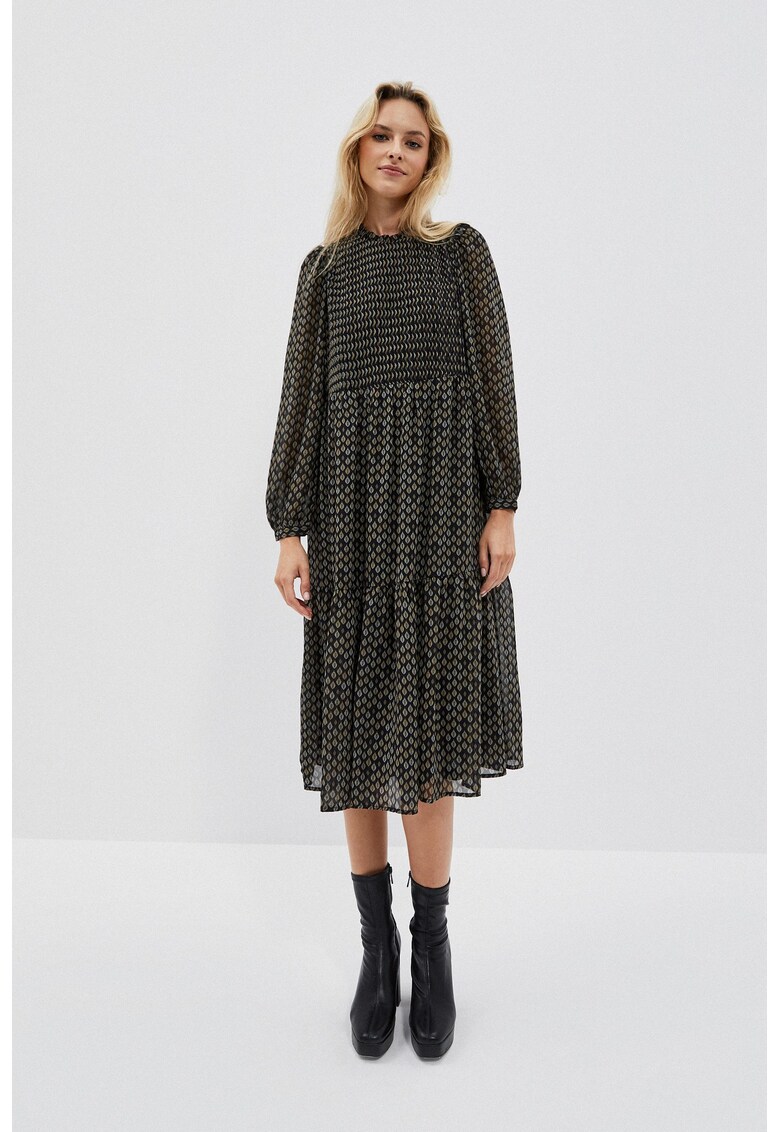 Rochie midi neagra cu imprimeu si volane - Negru