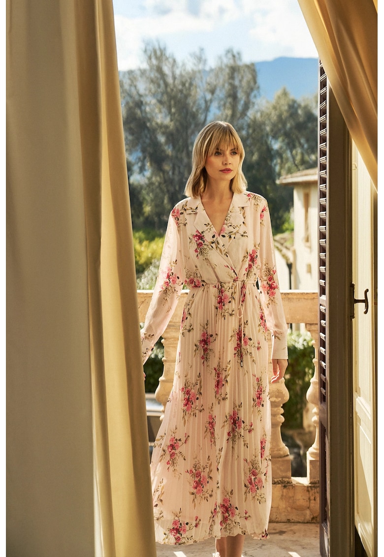 Rochie plisata roz cu flori - Roz