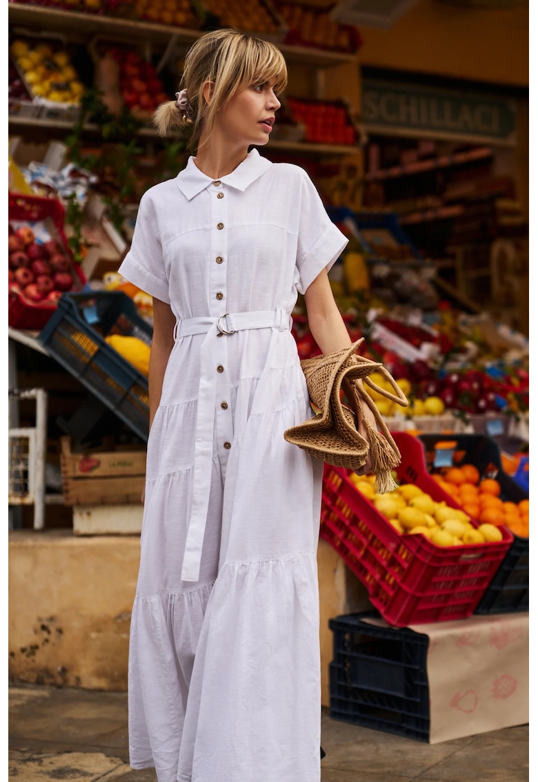 Rochie Maxi Alba din Bumbac cu Cureaua - Alb