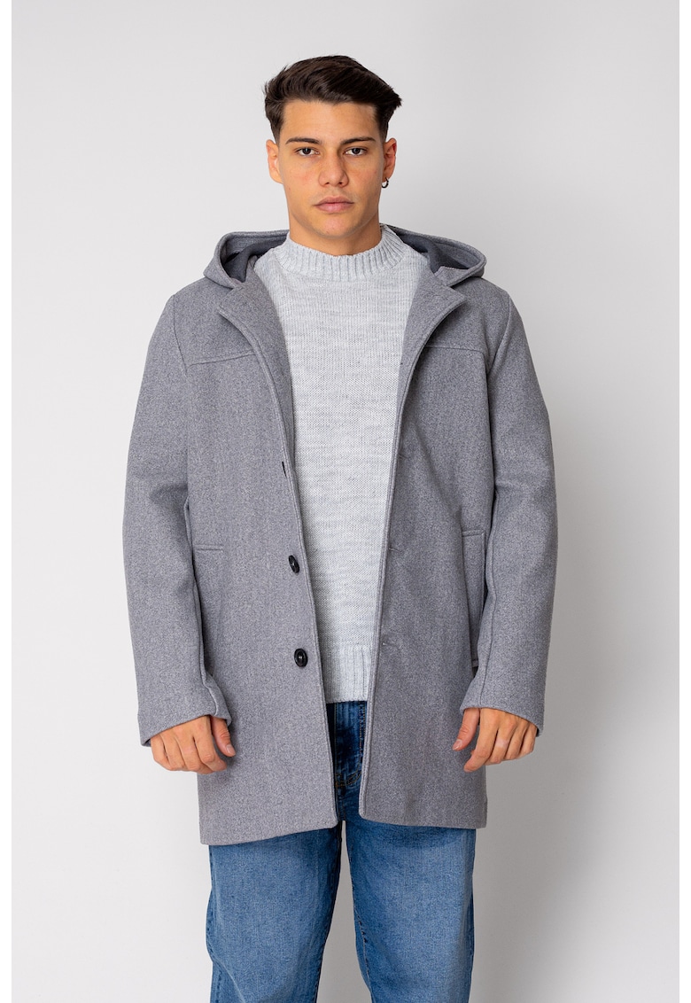 Palton lung cu gluga Grey Melange 18862